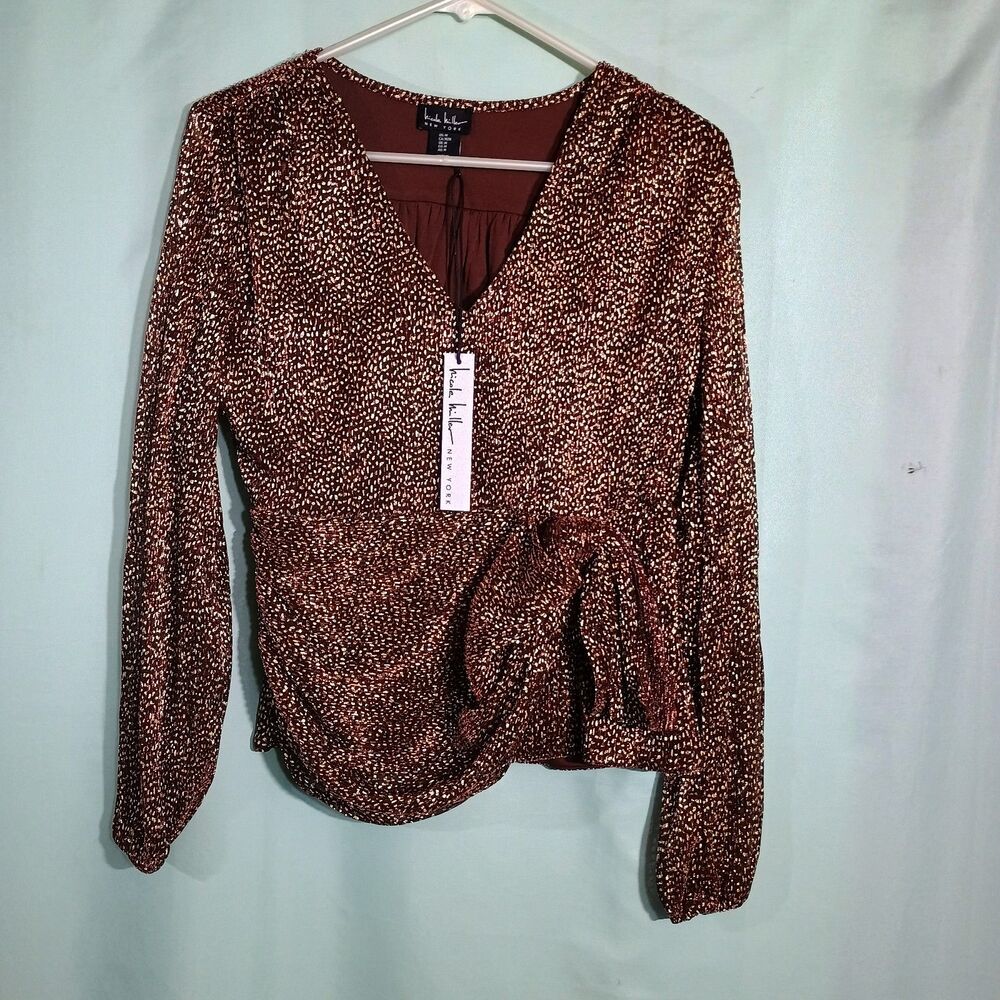 Women’s Brown Metallic Wrap Top – Long Sleeve Shimmer Tie Blouse